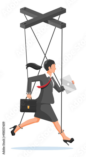 Businesswoman marionette is hanging on ropes. Puppeteer holding business woman on leash. Puppet doll worker, abuse of power, manipulation. Vector illustration in flat style