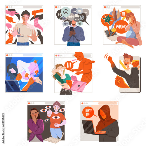 Victim of Cyberbullying Suffering from Violence and Hatred from Social Media Vector Illustration Set