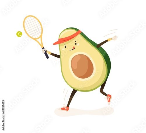 Cute and funny avocado playing tennis in cap and trainers. Active comic fat vegetable doing sports activities. Colored flat vector illustration of childish character isolated on white background