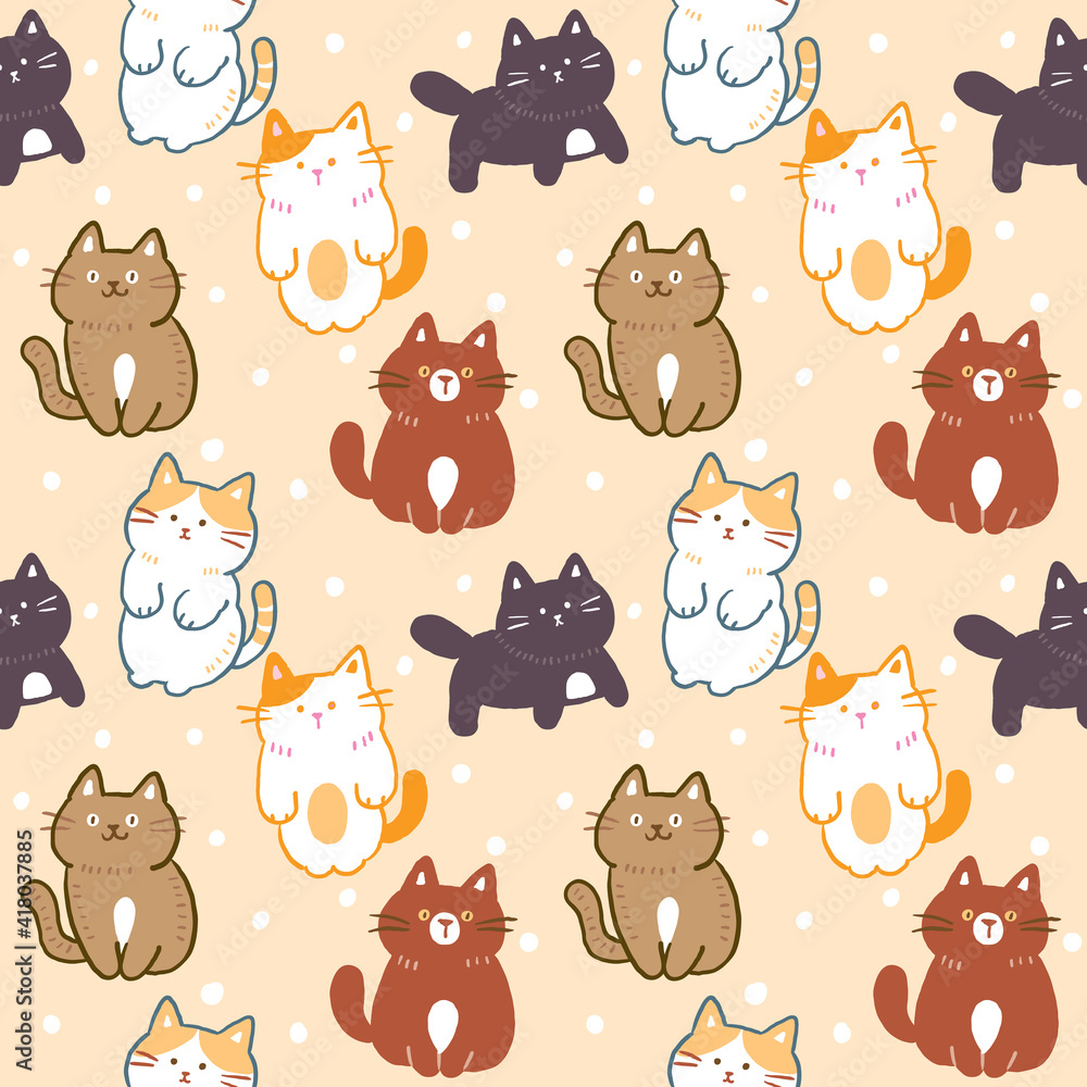 Seamless Pattern with Cartoon Cat Character Illustration Design on Beige Color Background