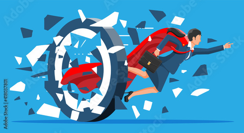 Super businesswoman running and breaking target. Business woman in suit with briefcase. Goal setting. Smart goal. Business target concept. Achievement and success. Vector illustration in flat style