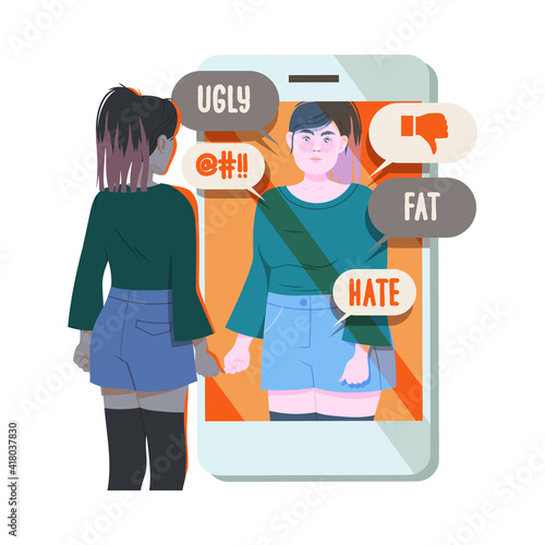 Young Female as Victim of Cyberbullying Suffering from Violence and Hatred from Social Media Vector Illustration