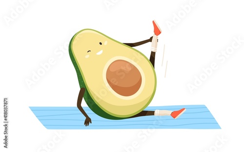 Cute and funny avocado doing sports exercises on yoga mat. Workout of happy fat fruit. Colored flat cartoon vector illustration of working out childish character isolated on white background