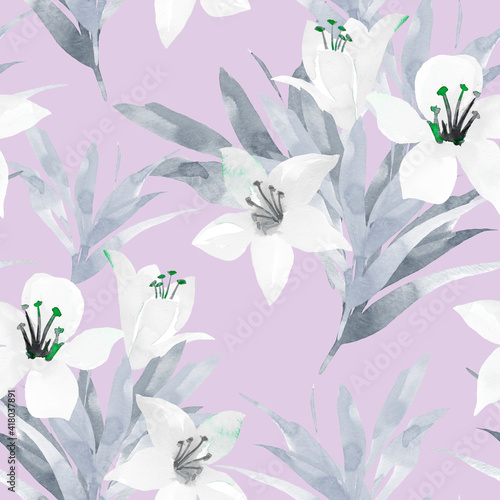 White lily flowers seamless pattern. Hand drawn style watercolour. Spring trendy colours. Floral background on purple.