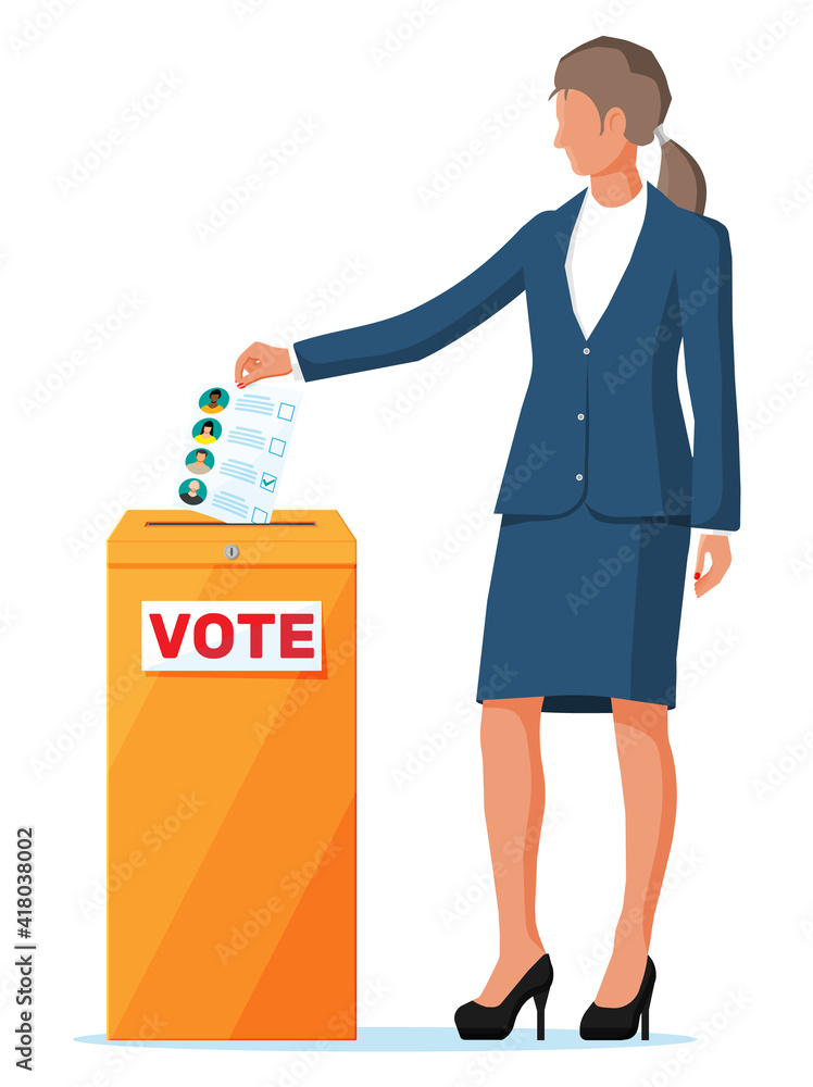 Woman putting document with candidates in ballot box. Hand with election bill. Vote paper with faces. Vector illustration in flat style Woman putting document with candidates in ballot box. Hand with election bill. Vote paper with faces. Vector illustration in flat style