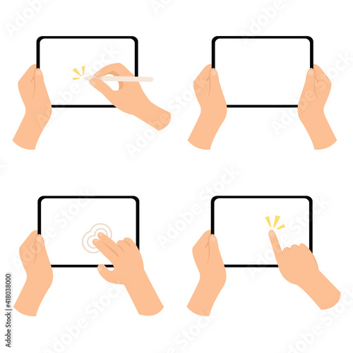 set of hand holding blank screen tablet