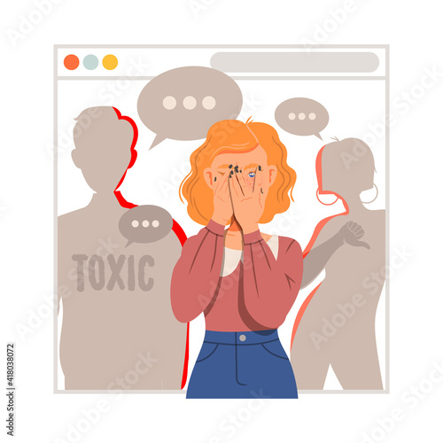 Young Female as Victim of Cyberbullying Suffering from Violence and Hatred from Social Media Vector Illustration