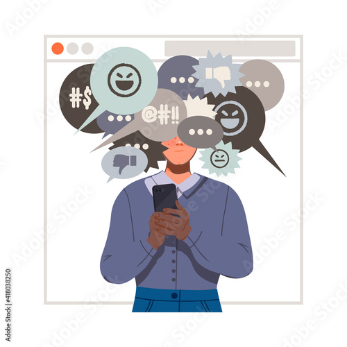 Victim of Cyberbullying Suffering from Violence and Hatred from Social Media Vector Illustration