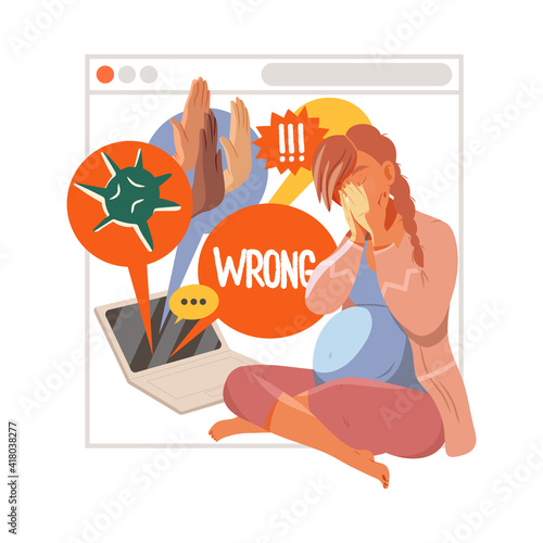 Pregnant Woman Victim of Cyberbullying Suffering from Violence and Hatred from Social Media Vector Illustration