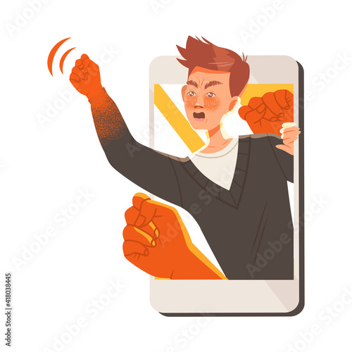 Young Male Showing Clenched Fist Feeling Agression and Hatred Engaged in Cyberbullying Vector Illustration
