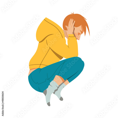 Young Crouching Man Suffering from Negative Emotion Covering His Ear with His Hands Vector Illustration