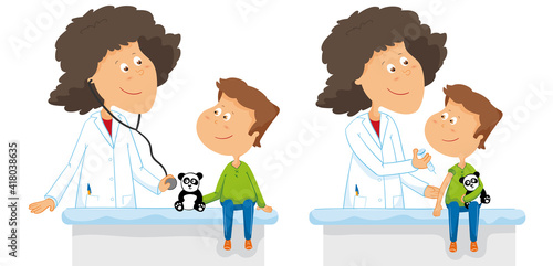 Docteur femme vaccine garçon. Vaccination et visite médicale enfant dessin. Illustration médicale vectorielle.