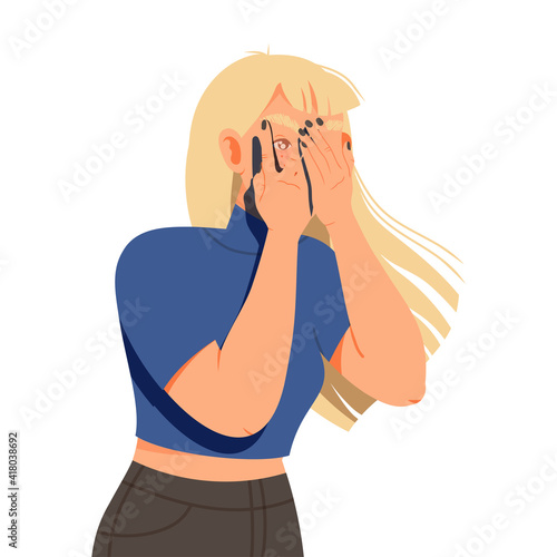 Young Woman Suffering from Negative Emotion Covering Her Face with Her Hands Vector Illustration