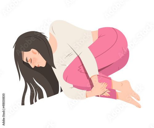 Young Crouching Woman Suffering from Negative Emotion Lying and Holding Her Knees Vector Illustration