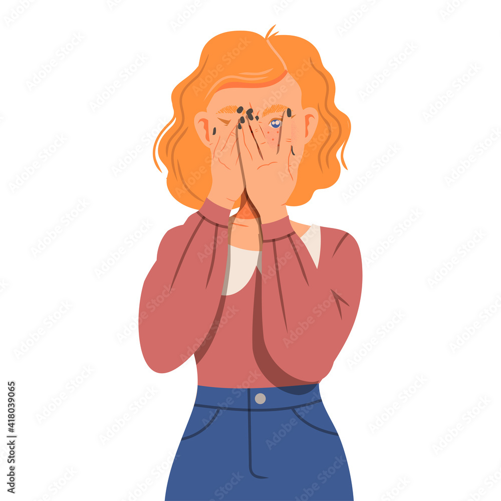 Young Woman Suffering from Negative Emotion Covering Her Face with Her Hands Vector Illustration