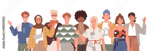 Multicultural group of diverse people waving, saying hi and welcoming. Portrait of multi-ethnic men and women standing together. Colored flat cartoon vector illustration isolated on white background