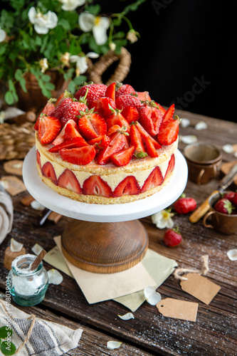 tasty homemade strawberry cake fraisier with biscuits and lot of white cream on wooden cake stand on rustic table with flowers, vintage forks, copper cups