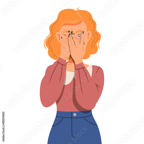 Young Woman Suffering from Negative Emotion Covering Her Face with Her Hands Vector Illustration