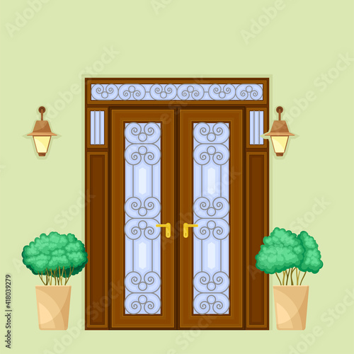 Facade of Front Double Door with Decorative Bushes in Cachepot and Light Vector Illustration