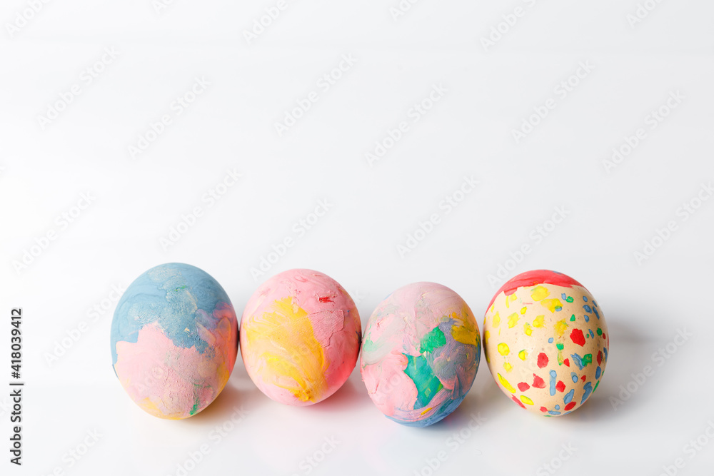 Happy easter, Easter painted eggs on white background for your decoration in holiday. Copy space.