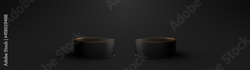 Black round pedestals, Podiums for display product on the Black floor. Pedestals can be used for commercial advertising, Isolated on black background, Minimalist Black, illustration, 3D rendering.