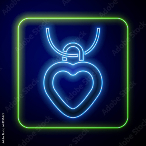 Glowing neon Necklace with heart shaped pendant icon isolated on blue background. Jewellery decoration. International Happy Women Day. Vector.