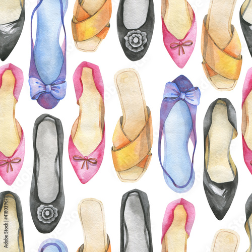 Seamless watercolor pattern of multicolored women's pumps and flip flops.
