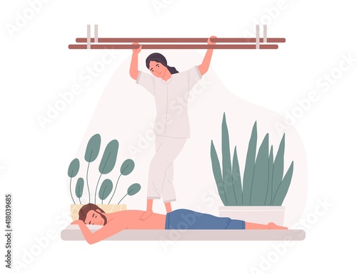 Therapist practicing shiatsu technique and massaging patient with feet. Japanese body treatment in SPA wellness salon. Colored flat cartoon vector illustration isolated on white background