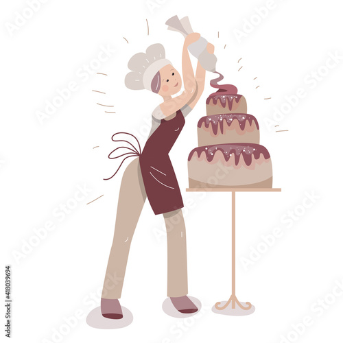 Young baker decorating big cake with chocolate cream. Lifestyle and hobby. Illustration can be used for cafe menu and food design templates.