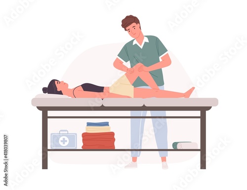 Therapist practicing sports massage or osteopathy. Professional physiotherapy for body recovery and rehabilitation. Colored flat cartoon vector illustration isolated on white background