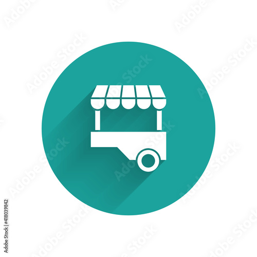 White Fast street food cart with awning icon isolated with long shadow. Urban kiosk. Green circle button. Vector.