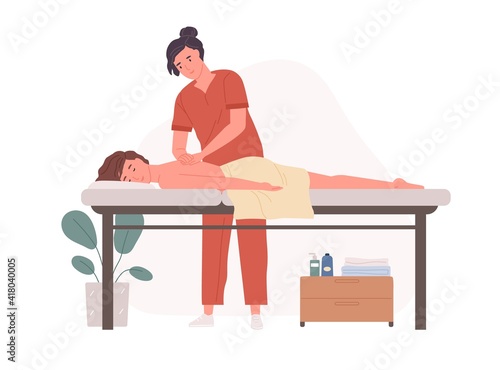 Therapist massaging patient's back. Person lying on couch and enjoying body SPA treatment. Wellness physiotherapy in salon. Colored flat cartoon vector illustration isolated on white background