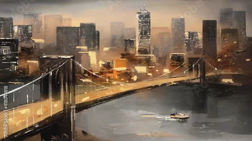 Obraz oil painting on canvas - view of New York, river and bridge. modern abstract Artwork, Painting American city, urban illustration