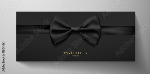Premium VIP Invitation template with with black tie (bow butterfly) on background. Luxury design for event invite, formal reception, Gift certificate, Voucher or Gift card