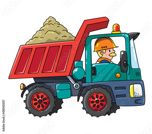 Construction worker in a dump truck Vector cartoon