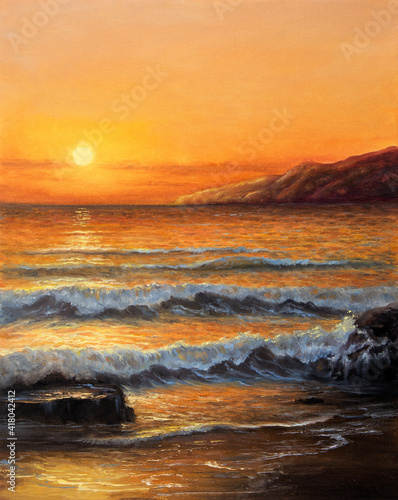 Original oil painting of beautiful golden sunset over ocean beach on canvas.Modern Impressionism, modernism,marinism.
