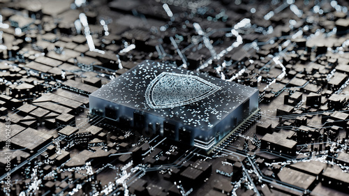 Security Technology Concept with shield symbol on a Microchip. Data flows from the CPU across a Futuristic Motherboard. 3D render. photo