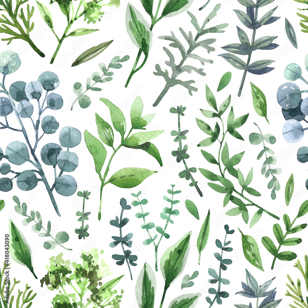 Obraz Liściasty wzór z zielonych liści, ziół i gałęzi - elementy malowane akwarelami. Akwarela naturalne tło z delikatnymi wiosennymi liśćmi. Zieloni, tekstura świeżości