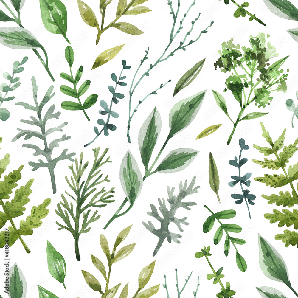 Garden and forest greenery seamless pattern. Hand drawn watercolor elements texture. Natural background with leaves, branches and herbs.