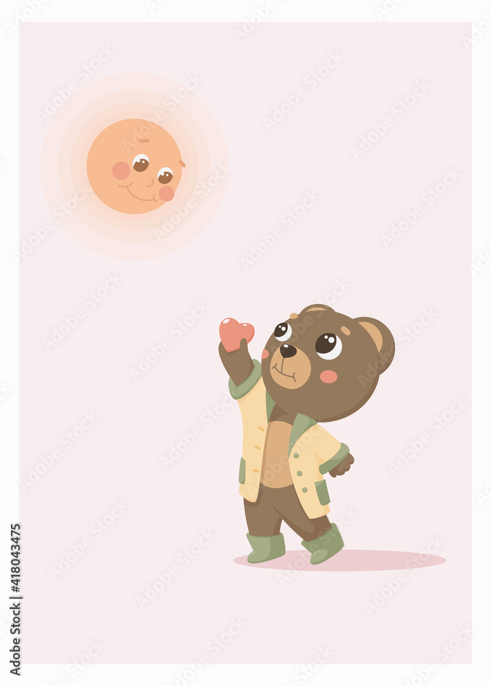 Postcard teddy bear gives the sun a heart valentine. Postcard teddy bear gives the sun a heart valentine.