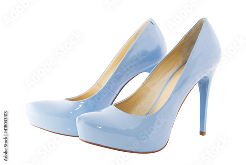 blue glossy leather stylish women pump high heel shoes