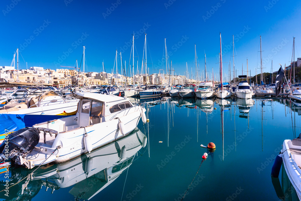 Beautiful landscape of harbour in Sliema city on Malta at sunny day