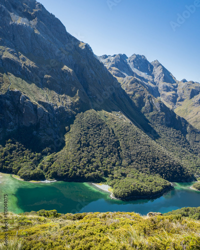 Stunning views of Lake Mackenzie from Routeburn Track  South Island. Vertical format.
