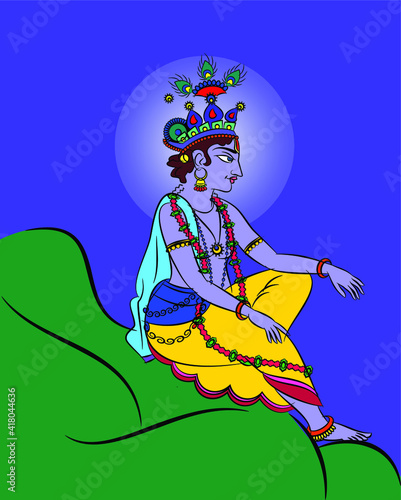 Lord Krishna in Indian mythology. Wall painting in Rajasthan India. Kalamkari. for a coloring book, textile fabric prints, phone case, greeting card. logo, calendar