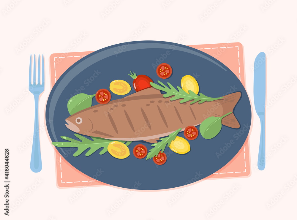 fish and salad on plate fish and salad on plate
