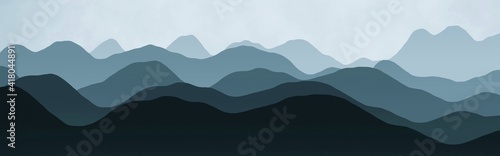 cute panoramic image of mountains peaks in the fog digital drawn backdrop illustration