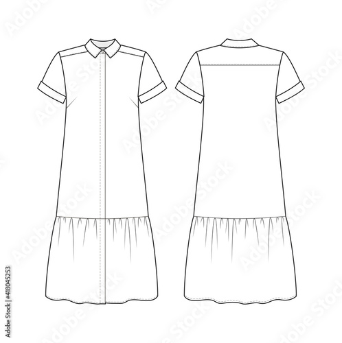 Fashion technical drawing of shirt dress with short sleeves. Fashion sketch of summer dress.