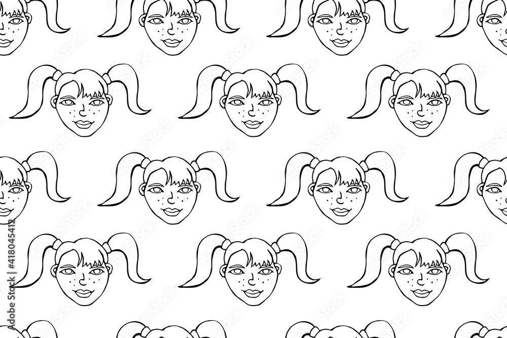 Seamless pattern with cartoon face vector people. Hand drawn line art illustration. Outline doodle head of women, girls. Texture backdrop