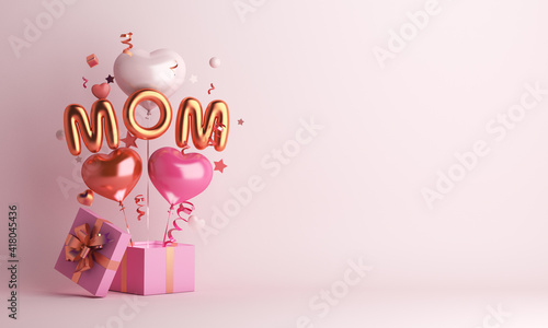 Happy mothers day decoration background with gift box, balloon, mom text, copy space text, 3D rendering illustration