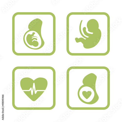 A set of vector medical icons, simple pictures, flat, trendy gentle, trendy greent. Signs of a pregnant woman, heartbeat, baby embryo, obstetrics, umbilical cord. Isolated shapes 2021